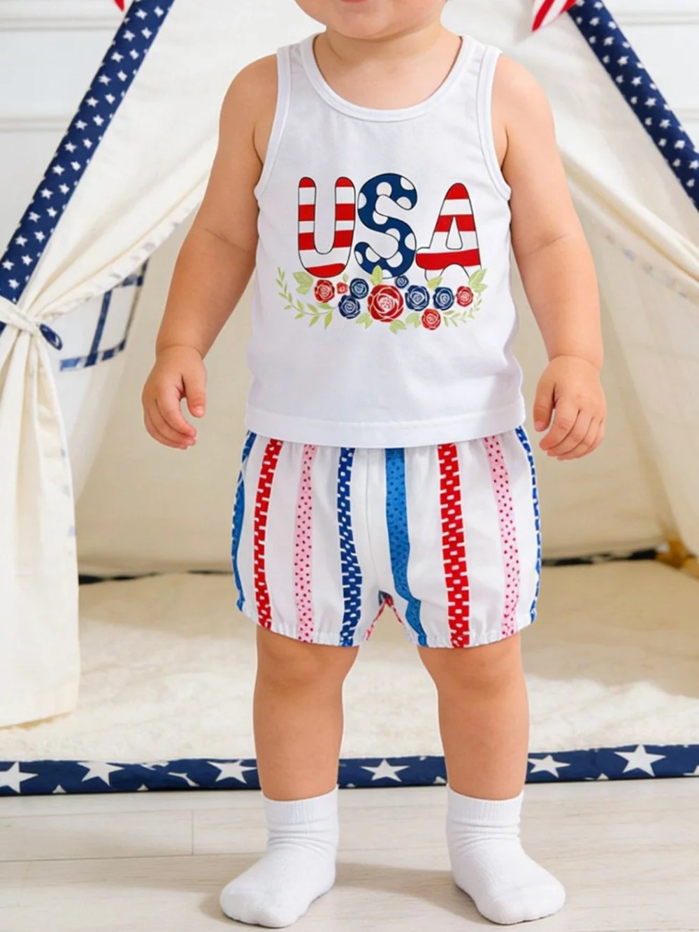 Girls Patriotic USA Tank & Shorts Set - White, Red, Blue